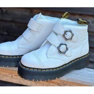 Dr. Martens Devon Flower White Leather Boots, Womens 9